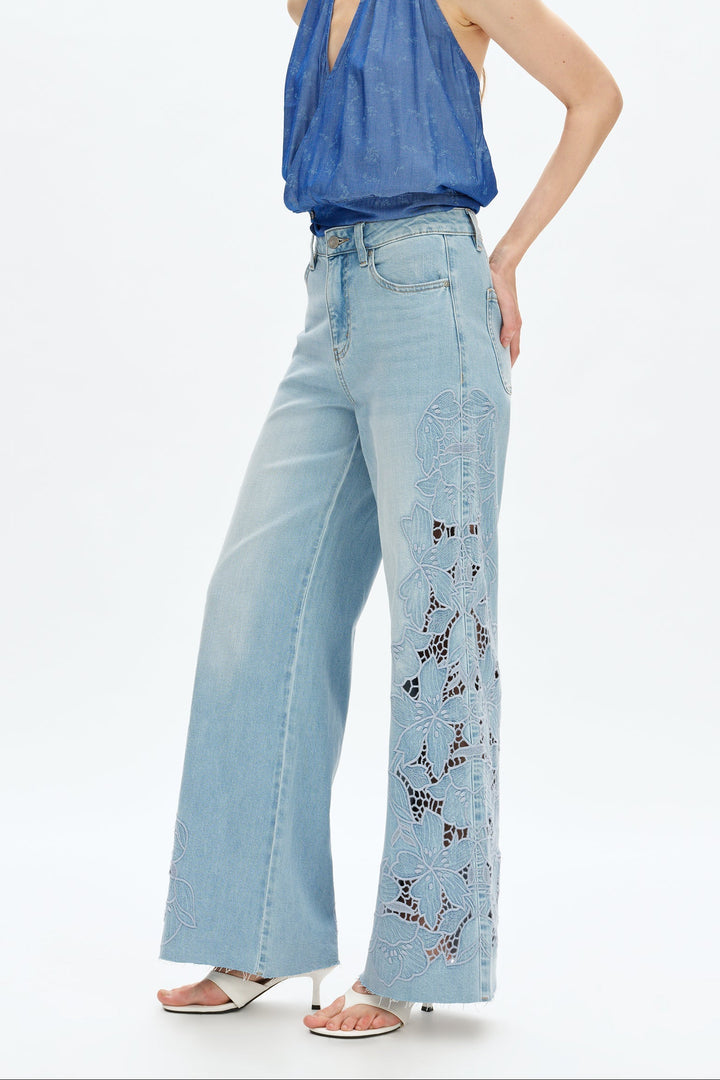 High Rise Laser Cut Embroidered Flare Leg Jean