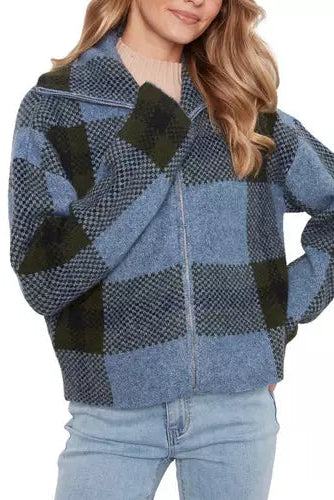 Jacquard Knit Plaid Zip Front Sweater