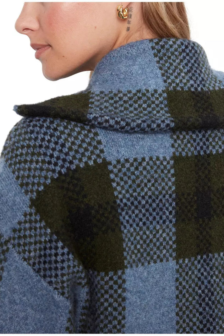 Jacquard Knit Plaid Zip Front Sweater