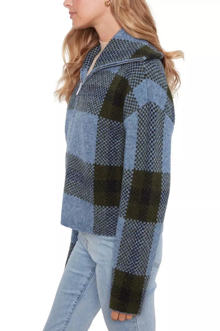 Jacquard Knit Plaid Zip Front Sweater