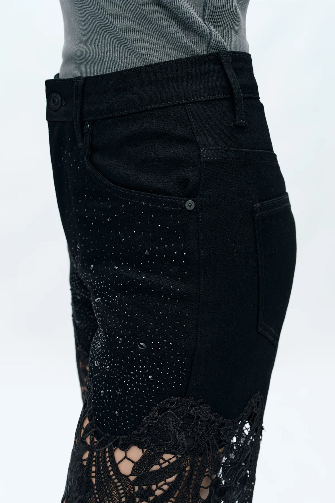 High Rise Ankle Embroidered Lace Wide Leg Jeans in Black