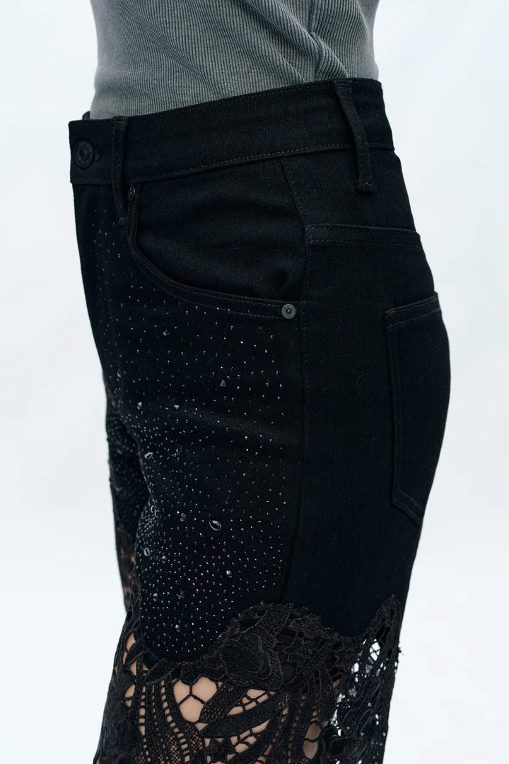 High Rise Ankle Embroidered Lace Wide Leg Jeans in Black