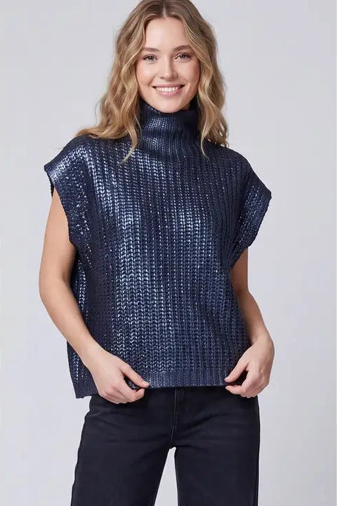Metallic Foil Drop Sleeve Mock Neck Sweater