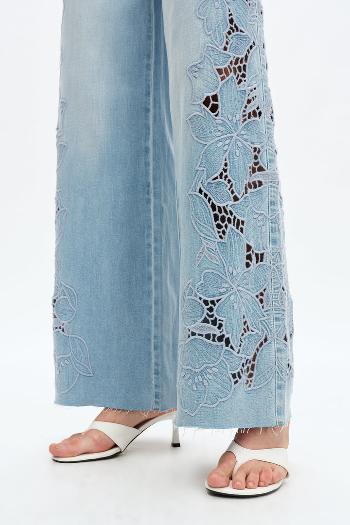 High Rise Laser Cut Embroidered Flare Leg Jean
