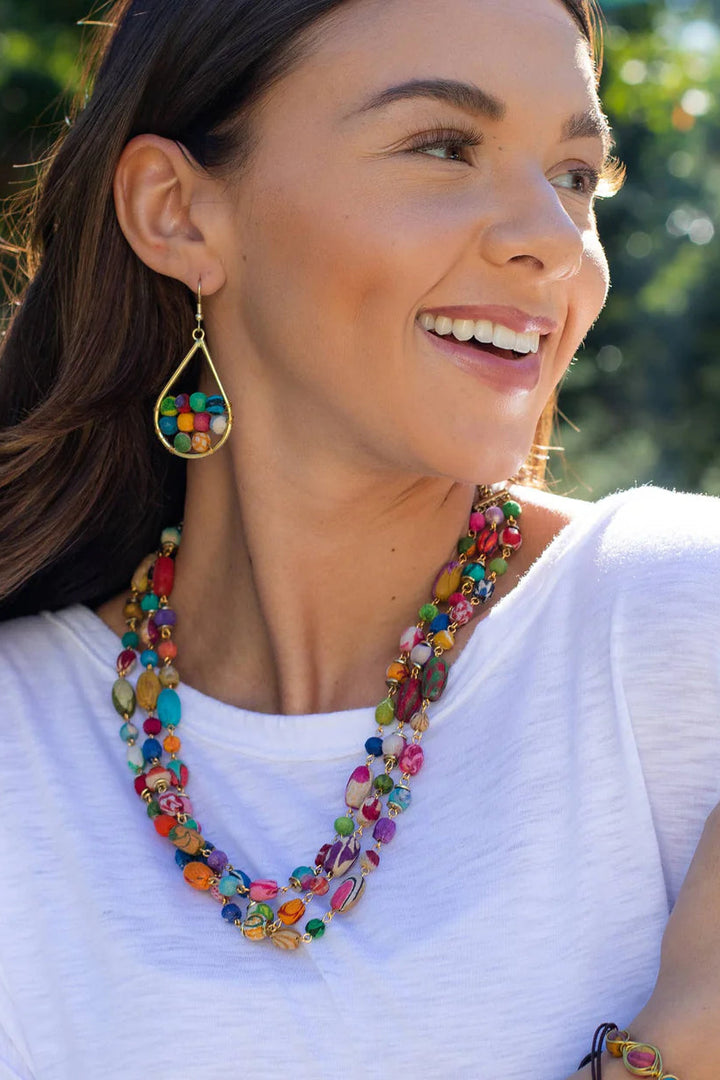 Aasha Triple Strand Mixed Shaped Beads Statement Necklace