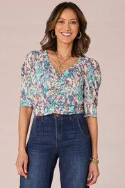V-Neck Ruched Print Knit Top