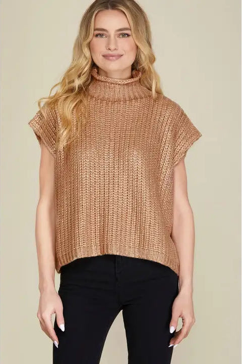 Metallic Foil Drop Sleeve Mock Neck Sweater