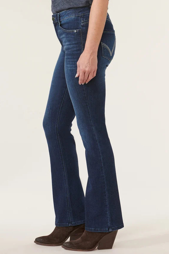 "Ab"solution® High Rise Embroidered Indigo Itty Bitty Boot Jean