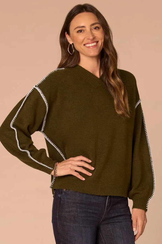 Dolman Sleeve V-Neck Sweater with Blanket Stitching in Heather Forest