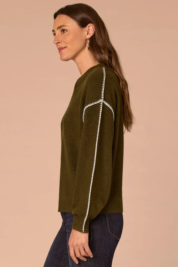 Dolman Sleeve V-Neck Sweater with Blanket Stitching in Heather Forest