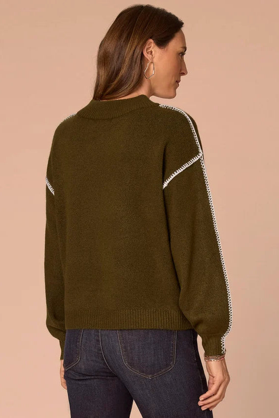 Dolman Sleeve V-Neck Sweater with Blanket Stitching in Heather Forest