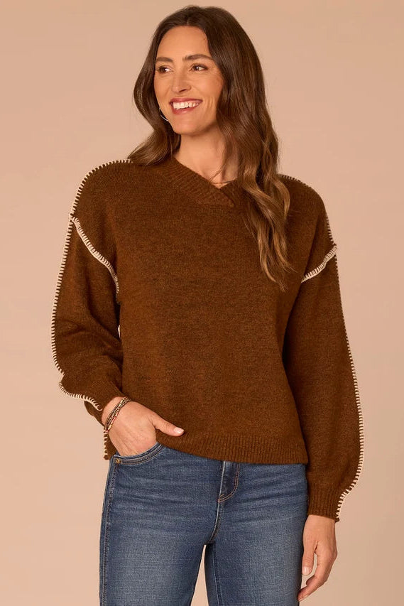 Dolman Sleeve V-Neck Sweater with Blanket Stitching
