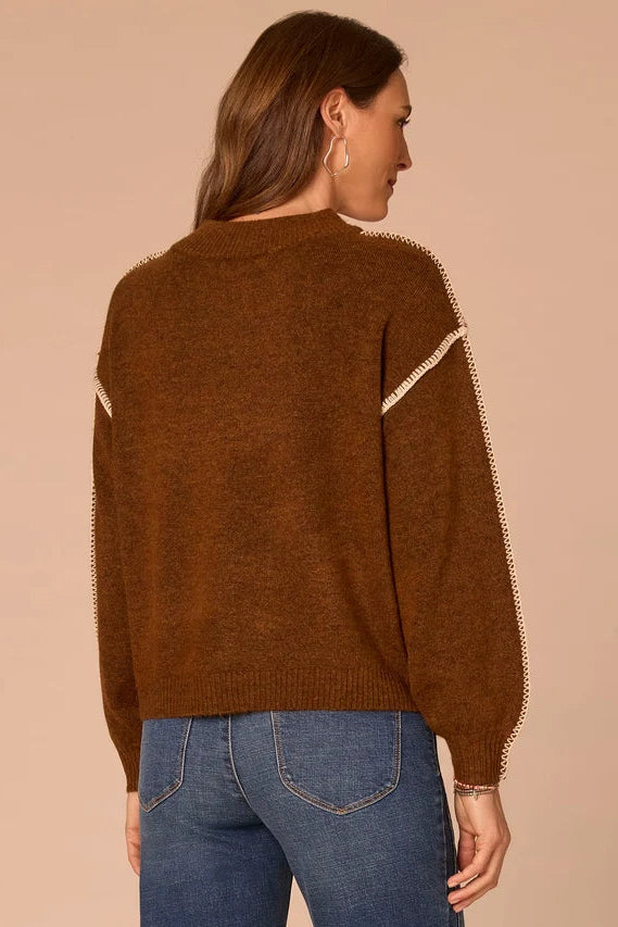 Dolman Sleeve V-Neck Sweater with Blanket Stitching