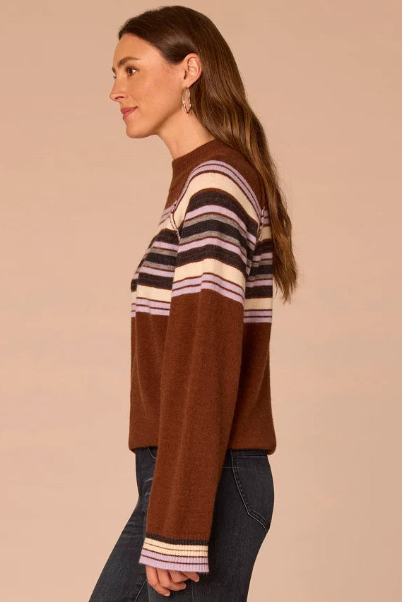 Long Sleeve Sweater with Placement Stripe in Brown