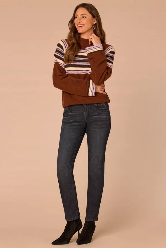 Long Sleeve Sweater with Placement Stripe in Brown