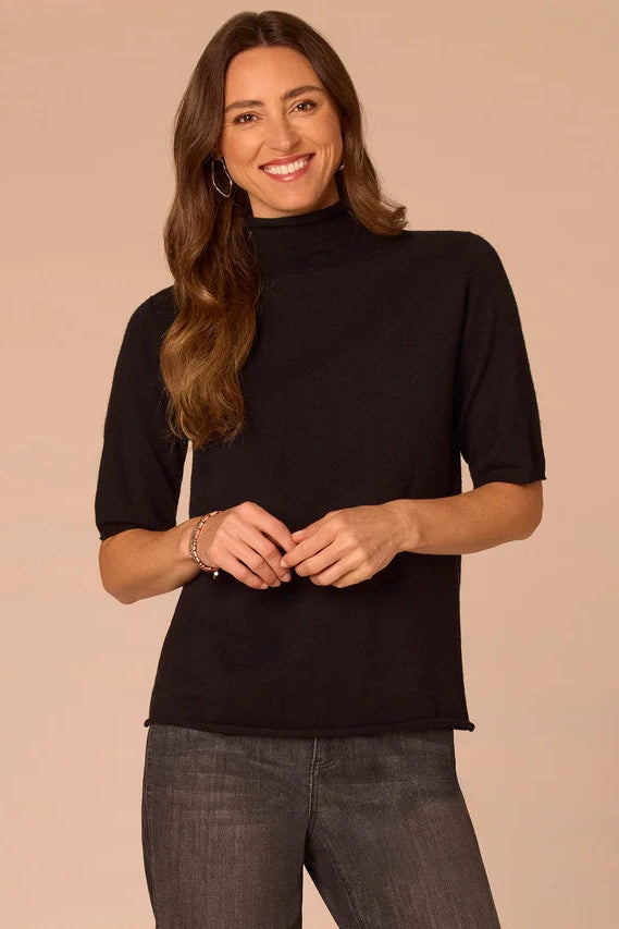 Short Sleeve Drop Mock Neck Sweater in Black
