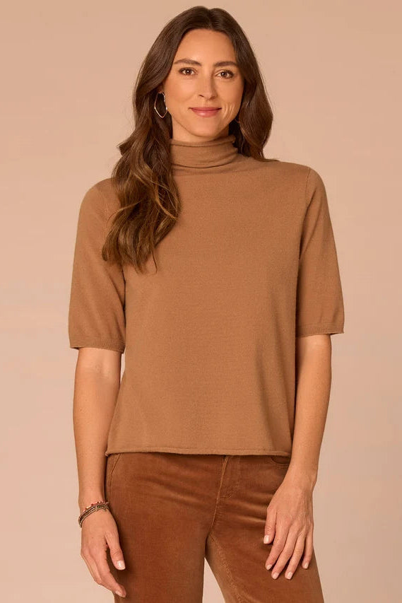 Short Sleeve Drop Mock Neck Sweater in Camel