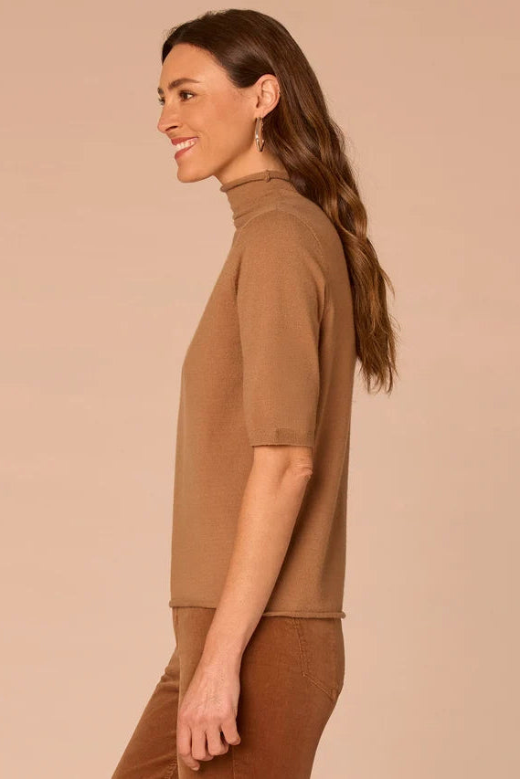 Short Sleeve Drop Mock Neck Sweater in Camel