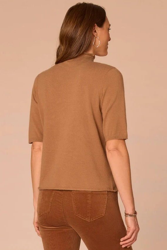 Short Sleeve Drop Mock Neck Sweater in Camel