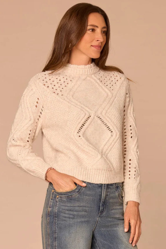 Mixed Stitch Cable Knit Sweater with Double Layer Neck