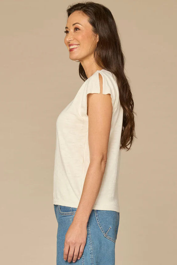 Split Sleeve V-Neck Sweater Top in Off White