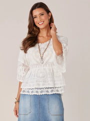 Bell Sleeve Embroidered Woven Top