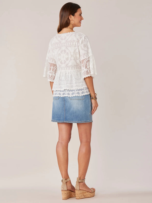 Bell Sleeve Embroidered Woven Top