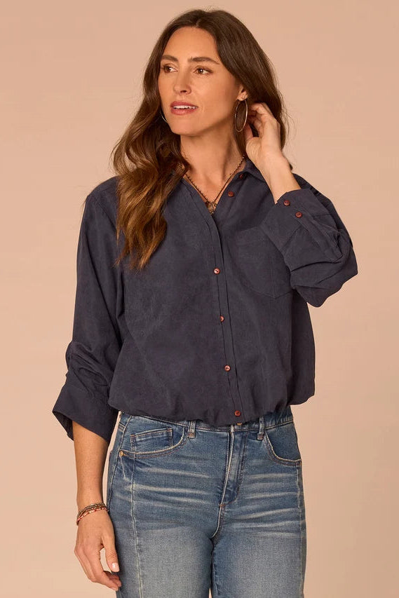 Woven 3/4 Sleeve Bubble Hem Blouse in Orion Blue