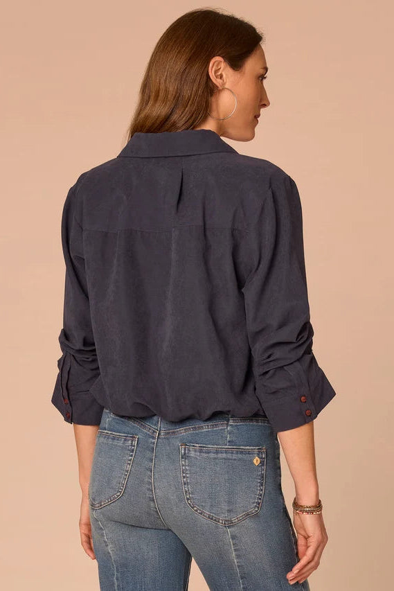 Woven 3/4 Sleeve Bubble Hem Blouse in Orion Blue