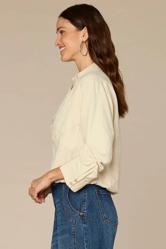 Woven 3/4 Sleeve Bubble Hem Blouse in Vanilla