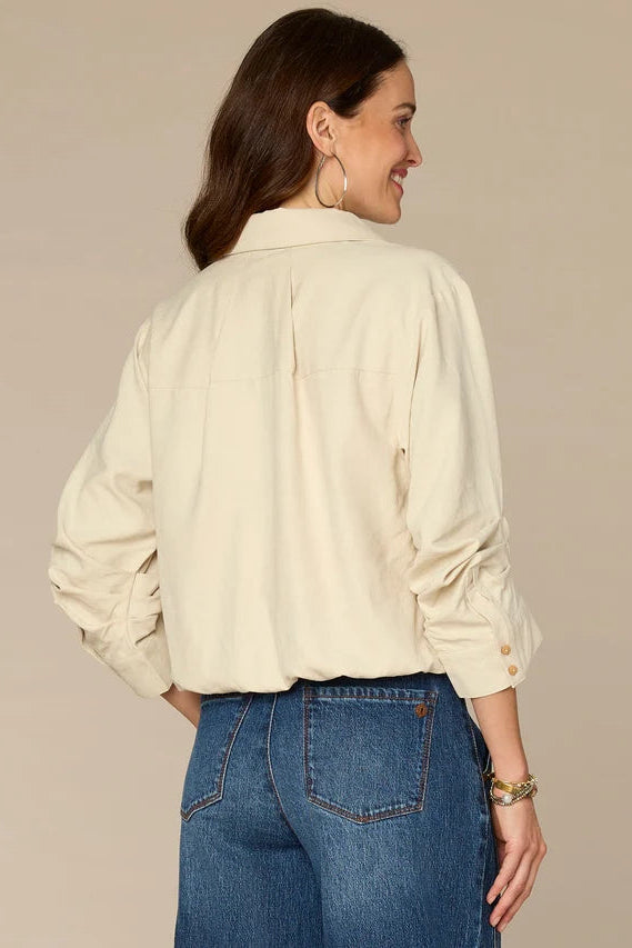 Woven 3/4 Sleeve Bubble Hem Blouse in Vanilla