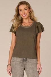 Crochet Flutter Sleeve Knit Top in Pesto