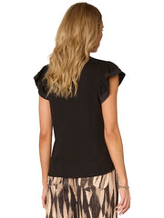 Flutter Sleeve Split Neck Top in Black
