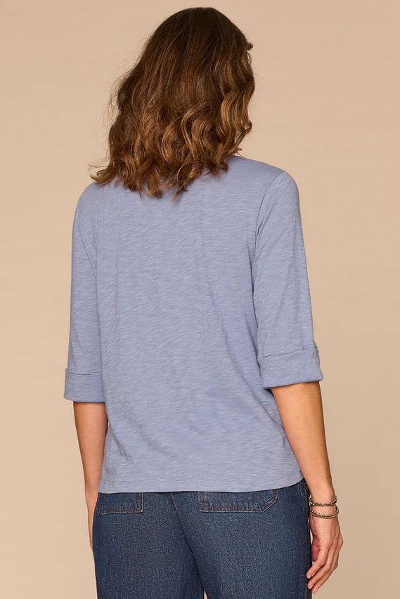 Roll Cuff Crochet Neck Henley in Horizon Blue