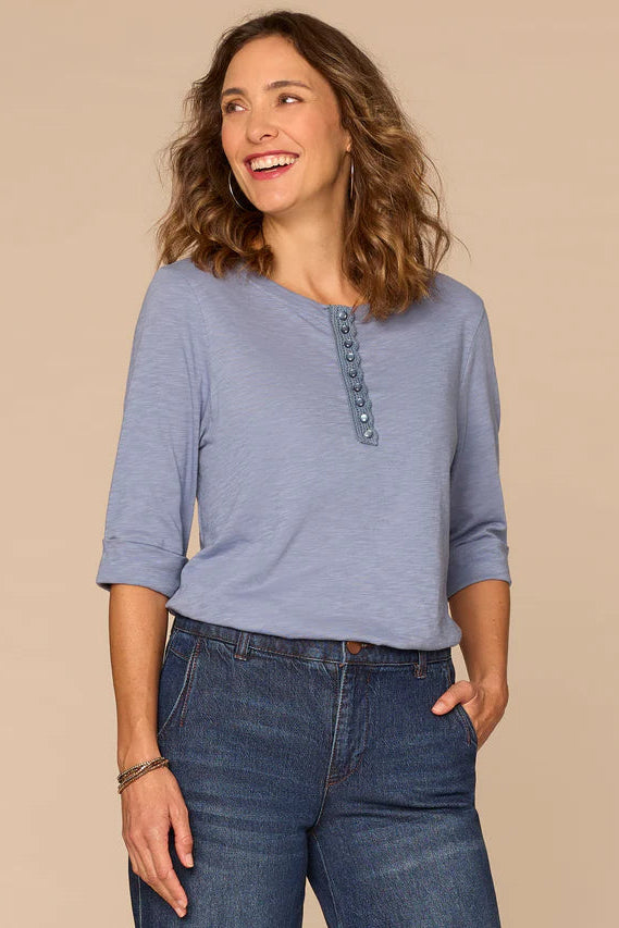 Roll Cuff Crochet Neck Henley in Horizon Blue