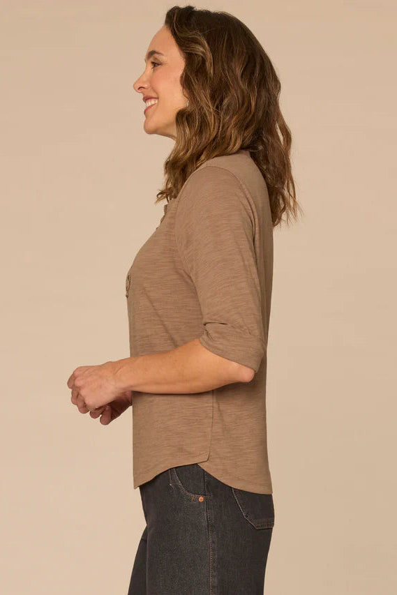 Roll Cuff Crochet Neck Henley in Oyster Mushroom