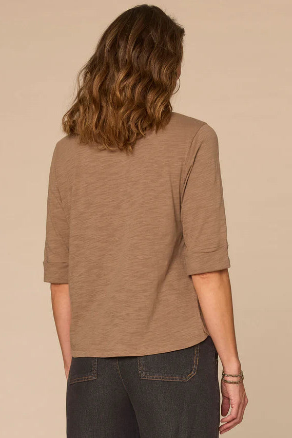 Roll Cuff Crochet Neck Henley in Oyster Mushroom