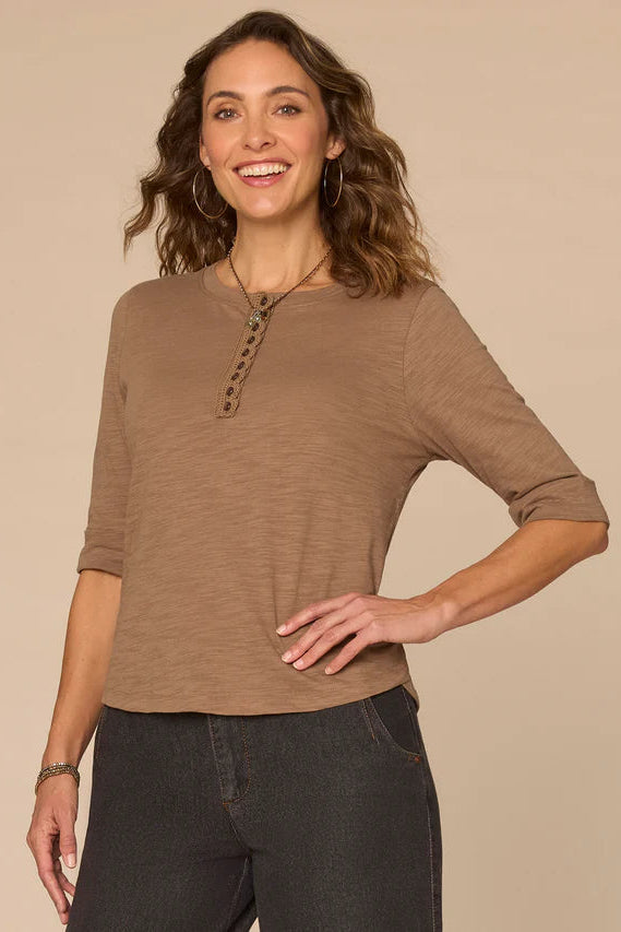 Roll Cuff Crochet Neck Henley in Oyster Mushroom