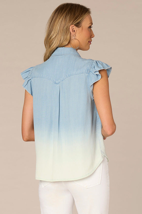 V-Neck Button Down with Flutter Cap Sleeve and Scallop Detail