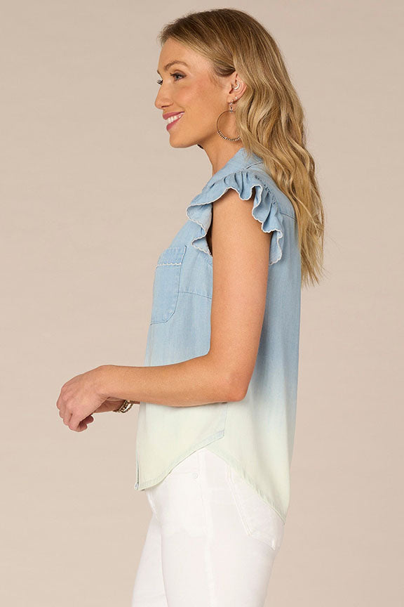 V-Neck Button Down with Flutter Cap Sleeve and Scallop Detail