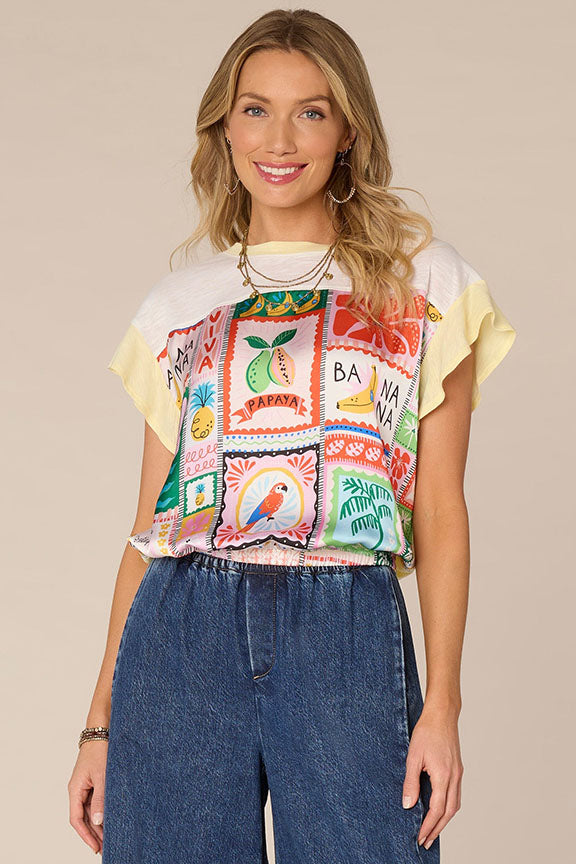 Color Block Print Mixed Media Knit Top with cap sleeve