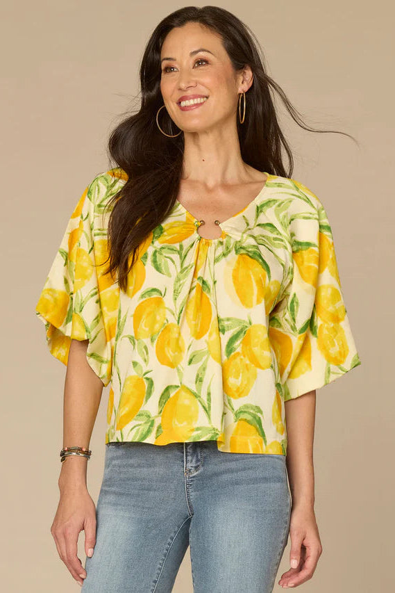 Bubble Bell Sleeve Lemon Print Top