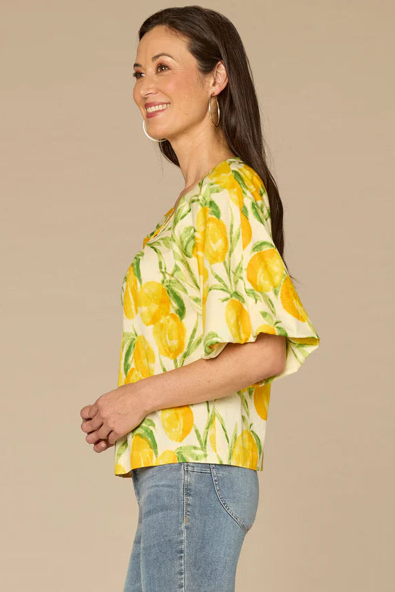Bubble Bell Sleeve Lemon Print Top