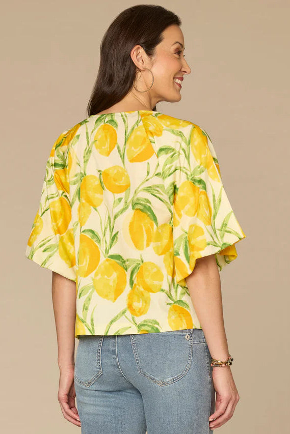 Bubble Bell Sleeve Lemon Print Top