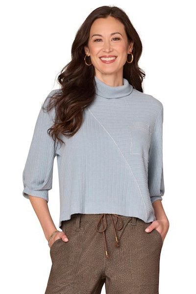 Mock Neck Top with 3/4 Sleeve in Heather Nile Blue