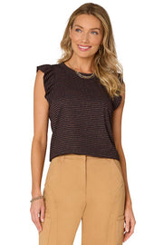 Striped knit top with ruffle cap sleeve