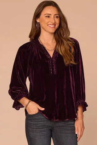 Ruffle Neck Velvet Blouse