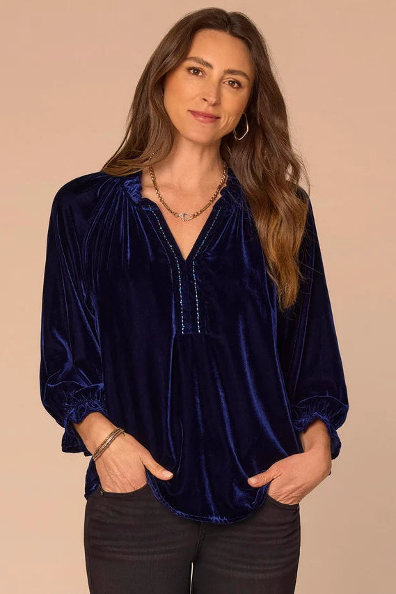 Ruffle Neck Velvet Blouse