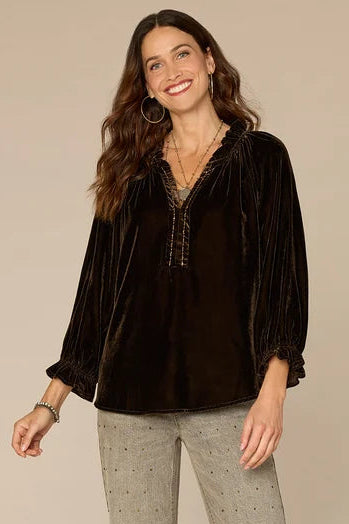 Ruffle Neck Velvet Blouse