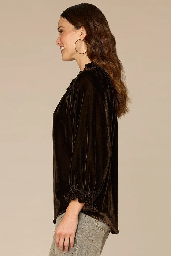Ruffle Neck Velvet Blouse